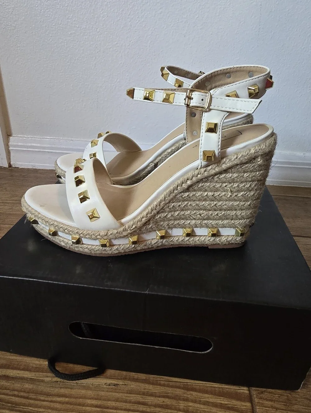 Gold Studded White Espadrille Wedges
